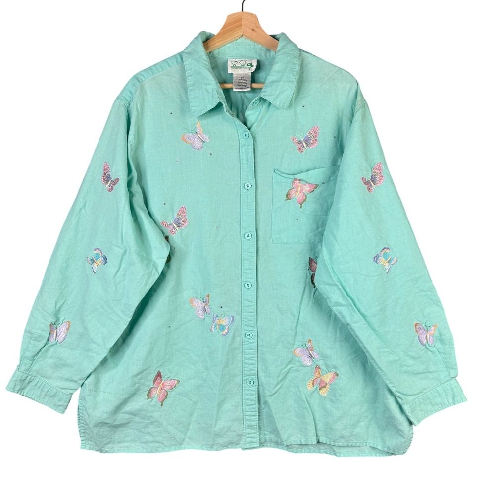 Quacker Factory Butterfly Embroidered Linen Cotton Button Down Shirt Aqua 2X